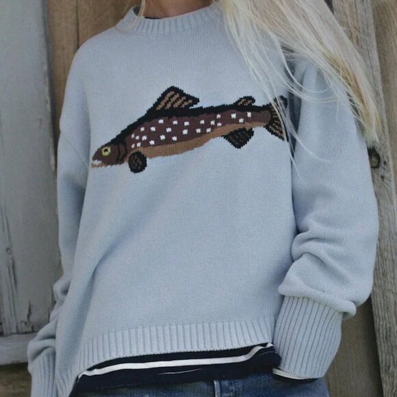Blue Casual Women's Fish Graphic Long Sleeve Crew Neck Loose Knit  Sweater - Picture 1 of 6